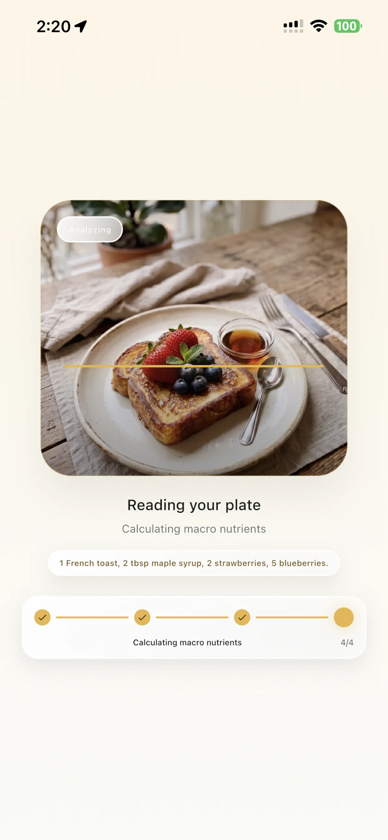 LogMyPlate analyzing screen reading a meal photo