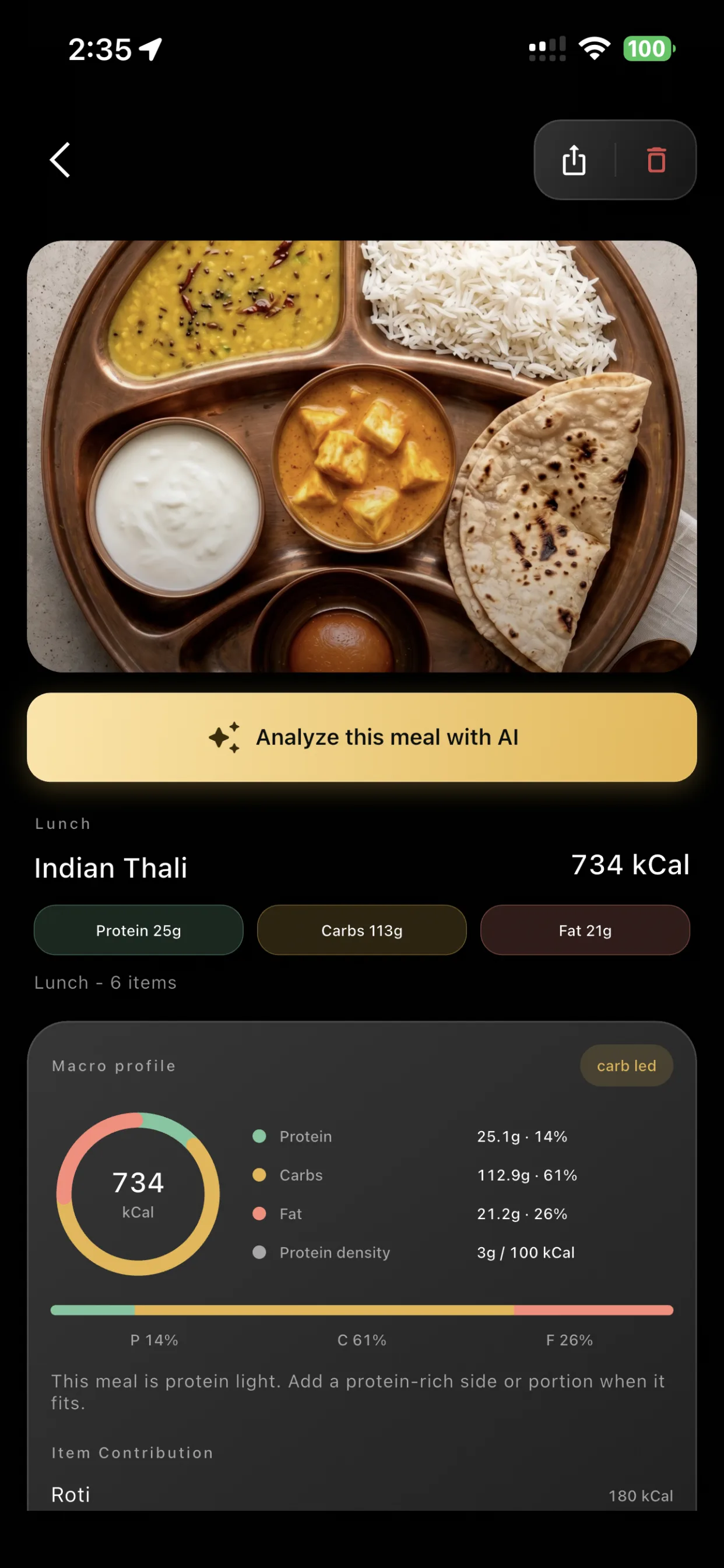 LogMyPlate meal detail screen showing macro profile and item contribution