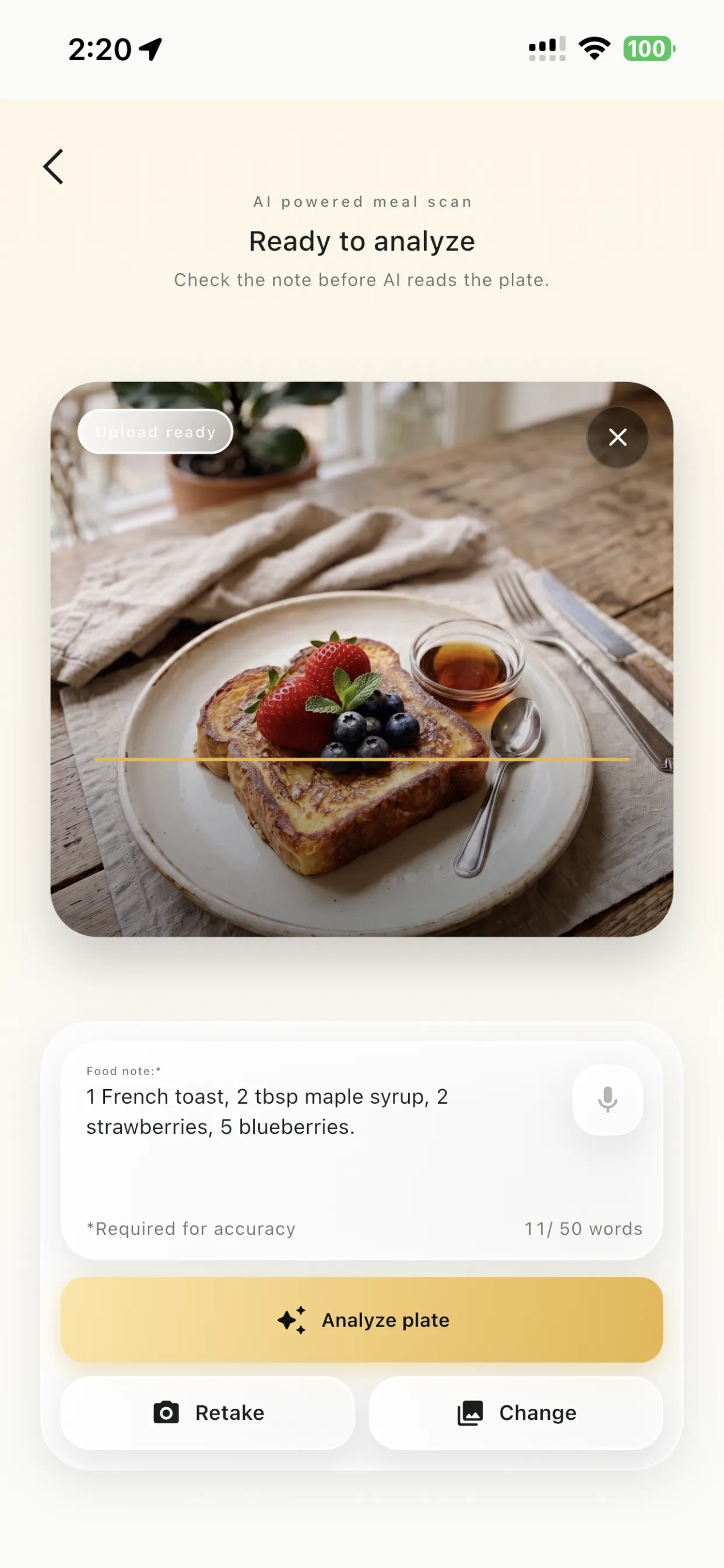 LogMyPlate light theme scan screen with a French toast photo ready to analyze