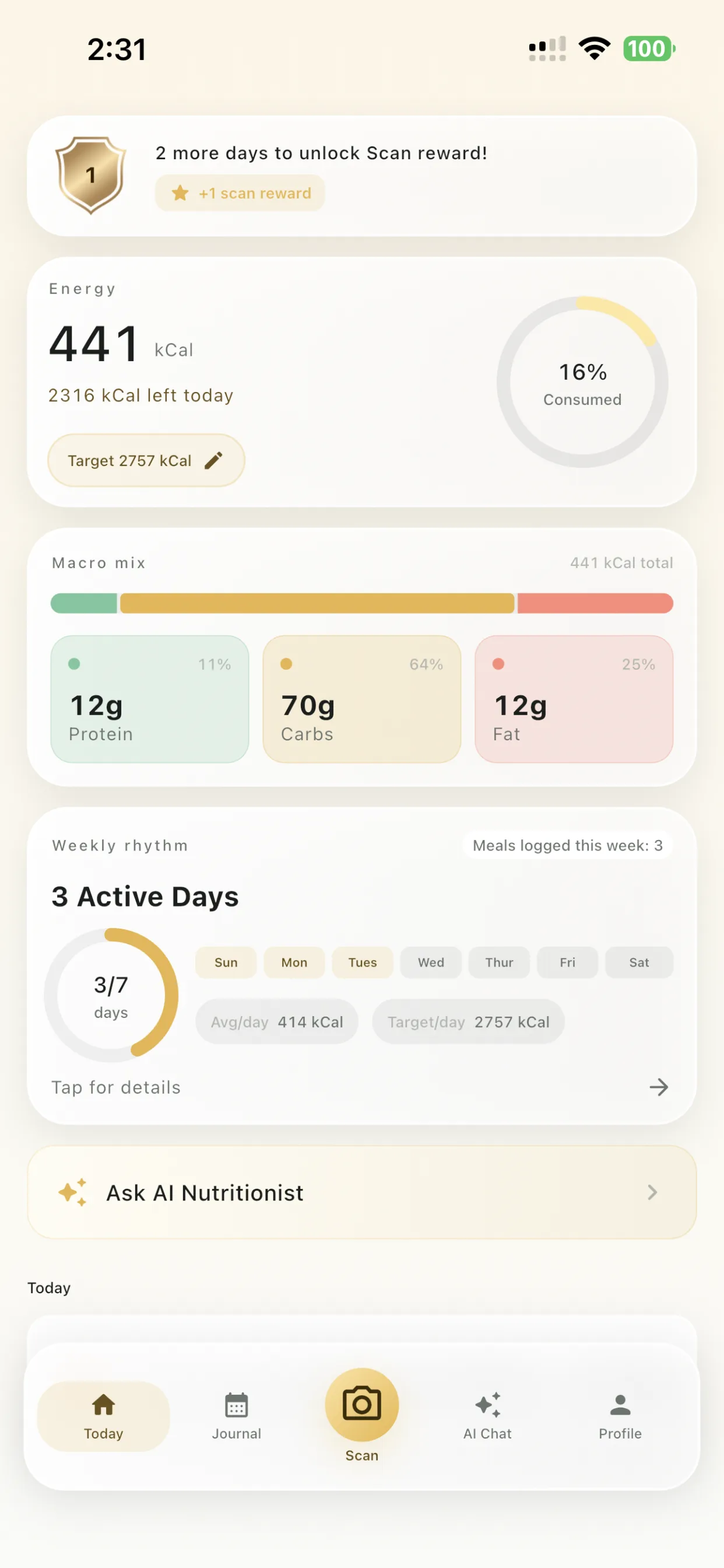LogMyPlate dashboard showing daily energy and weekly rhythm